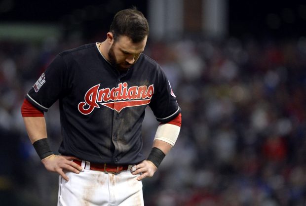 CLEVELAND, OH - NOVEMBER 2: Jason Kipnis #22 of the Cleveland Indians reacts to striking out to end the seventh inning during Game 7 of the 2016 World Series against the Chicago Cubs at Progressive Field on Wednesday, November 2, 2016 in Cleveland, Ohio. (Photo by Ron Vesely/MLB Photos via Getty