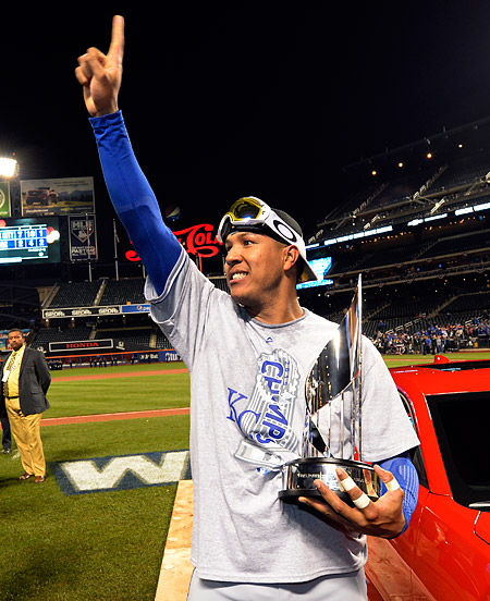 2015 World Series MVP Salvador Perez celebrates after Game Five of the 2015 World Series. (Photo by Ron Vesely/MLB Photos)