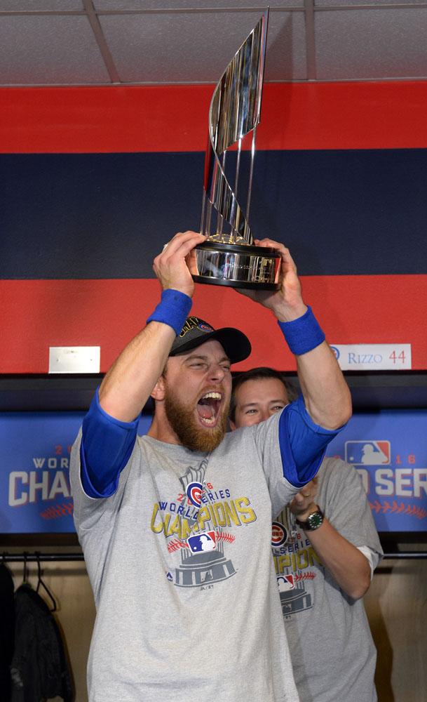 CLEVELAND, OH - NOVEMBER 2: World Series MVP Ben Zobrist celebrates after Game 7 of the 2016 World Series against the Cleveland Indians at Progressive Field on Wednesday, November 2, 2016 in Cleveland, Ohio. (Photo by Ron Vesely/MLB Photos via Getty Images)