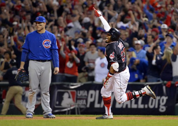 CLEVELAND, OH - NOVEMBER 2: Rajai Davis #20 of the Cleveland Indians reacts after hitting a two-run home run in the eighth inning during Game 7 of the 2016 World Series against the Chicago Cubs at Progressive Field on Wednesday, November 2, 2016 in Cleveland, Ohio. (Photo by Ron Vesely/MLB Photos via Getty Images)