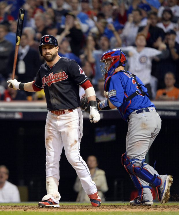CLEVELAND, OH - NOVEMBER 2: Jason Kipnis #22 of the Cleveland Indians reacts to striking out to end the seventh inning during Game 7 of the 2016 World Series against the Chicago Cubs at Progressive Field on Wednesday, November 2, 2016 in Cleveland, Ohio. (Photo by Ron Vesely/MLB Photos via Getty